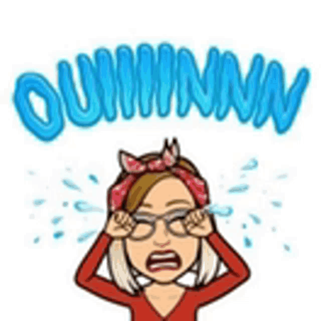 a cartoon of a woman wearing glasses and a headband crying .