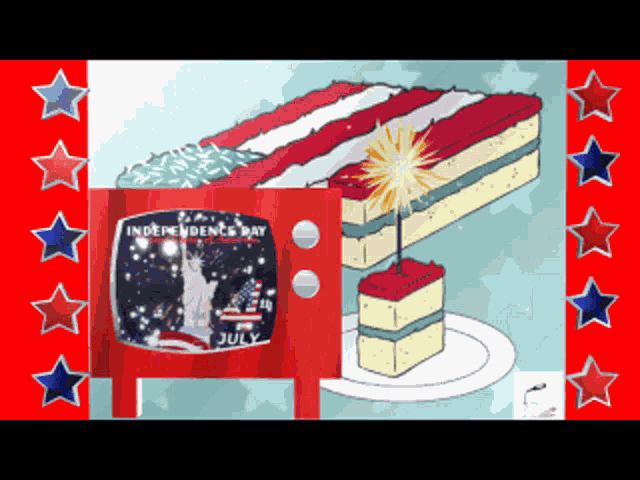 a cartoon drawing of a cake and a television that says independence day july 4th