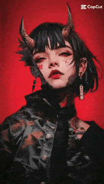 a woman with horns has a tattoo on her face that says x