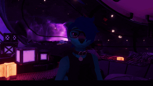a cartoon character with blue hair and glasses making a peace sign