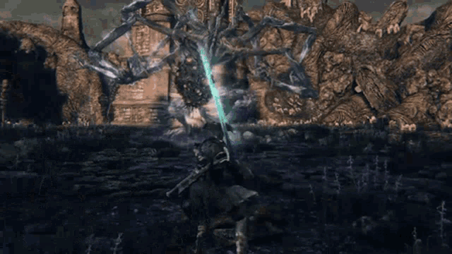 a video game character is fighting a giant spider