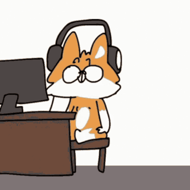 a cartoon of a fox wearing headphones sitting at a desk in front of a computer .