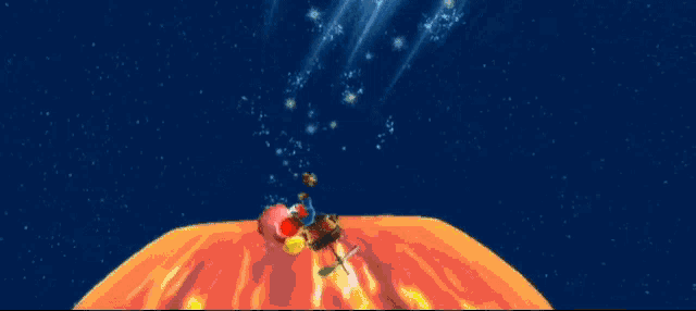 mario and princess peach are flying through the air in a video game