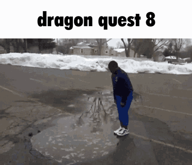 a person is standing in a puddle of water with the words dragon quest 8 above them
