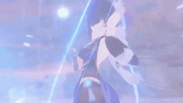 a video game character is dancing in a blue room .