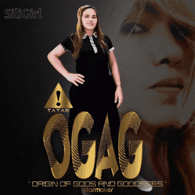 a woman stands in front of a poster that says ogag