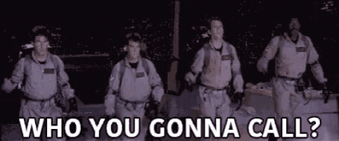 a group of men in ghostbusters uniforms are walking in a line and asking who you gonna call .