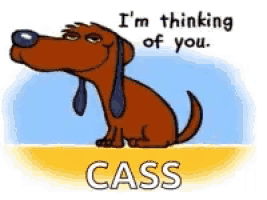 a cartoon dog is sitting on a beach and says i 'm thinking of you cass .