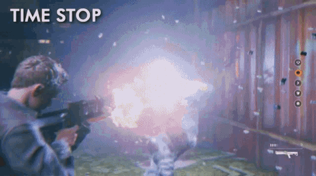 a man is holding a gun in a video game and the word time stop is on the bottom
