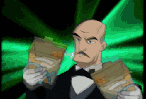 a cartoon of a man in a tuxedo holding a bag of chips