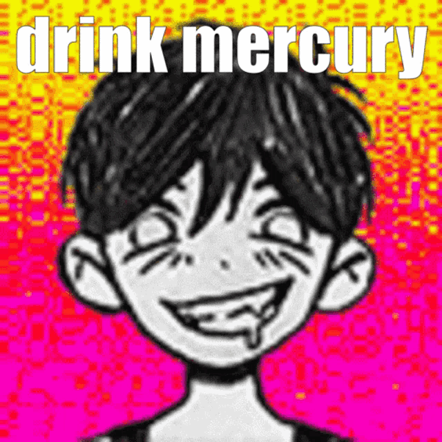 a black and white drawing of a boy with the words drink mercury behind him