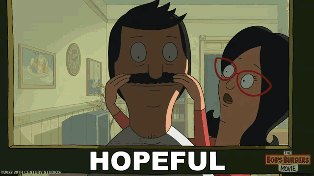 a poster for the bob 's burgers movie shows a man with a mustache and a woman with glasses
