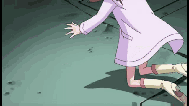 a girl is kneeling on the ground in a cartoon .