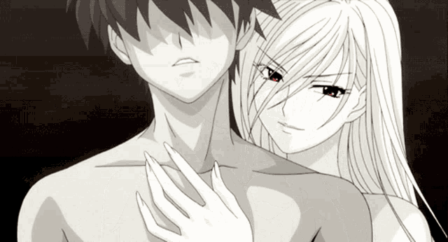 a black and white drawing of a woman holding a man 's chest