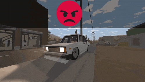 a white car is driving down a street with a red angry face above it