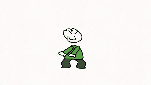a cartoon of a man wearing a green shirt and green pants is standing on a white background .