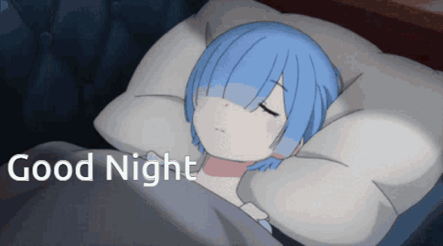 a girl with blue hair is sleeping in a bed with the words " good night " below her