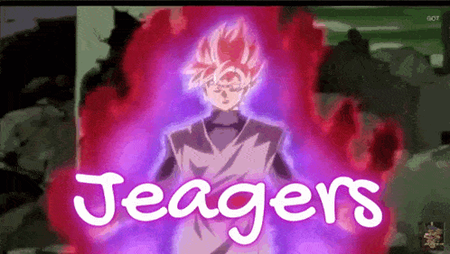 a cartoon character is standing in front of a purple and red background with the words jeagers written in white .