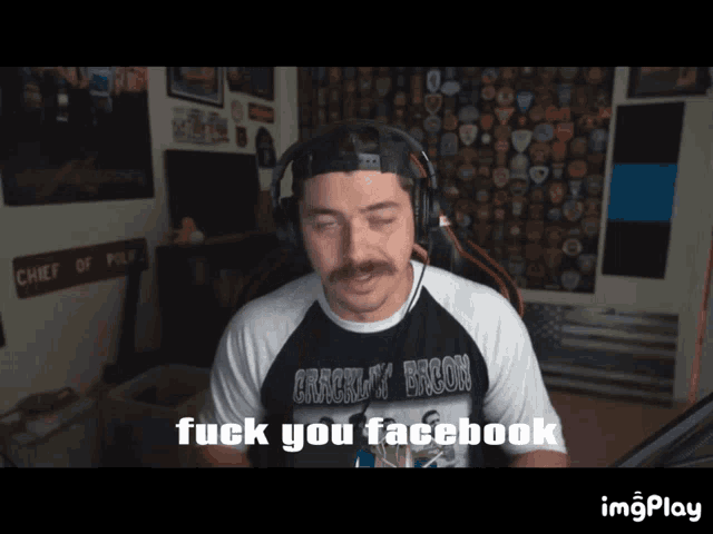 a man wearing headphones and a shirt that says crack 'n bacon says fuck you facebook