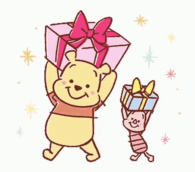 a cartoon of winnie the pooh and piglet carrying gifts .