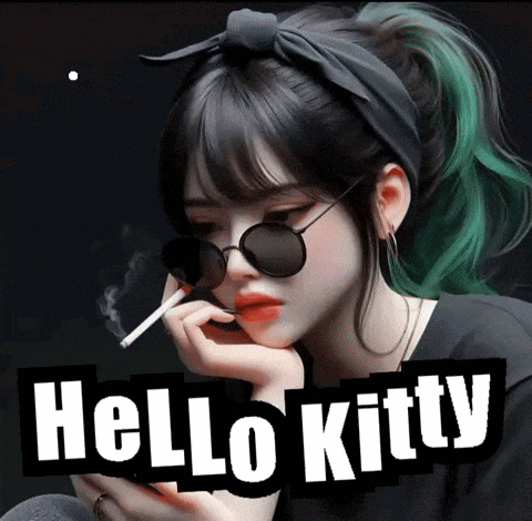 a girl with green hair is smoking a cigarette with the words hello kitty below her