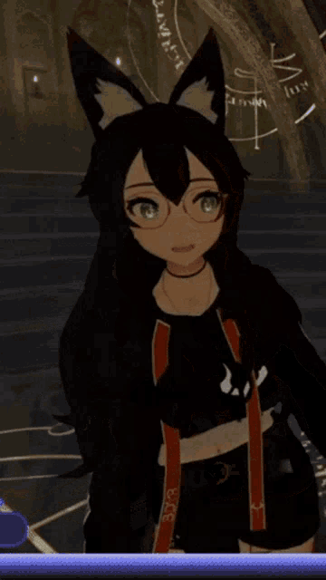 a girl with cat ears is wearing a black crop top with the letter s on it