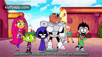 a group of cartoon characters are standing next to each other and talking .