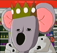 a cartoon koala bear wearing a crown and a white robe