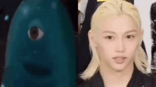 a close up of a person 's face next to a close up of a blue object .