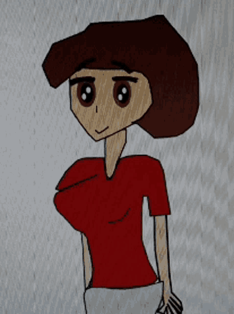 a drawing of a woman in a red shirt and shorts