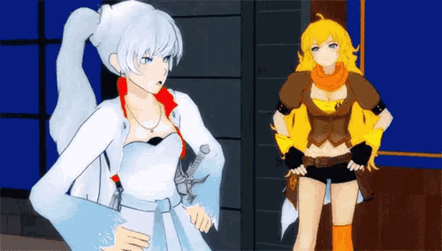 a couple of anime characters standing next to each other . one of them is holding a sword .