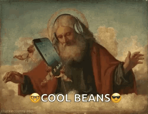 a painting of a man wearing headphones and holding a tablet with the words cool beans below it