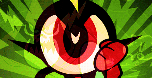 a close up of a cartoon character with a tm logo