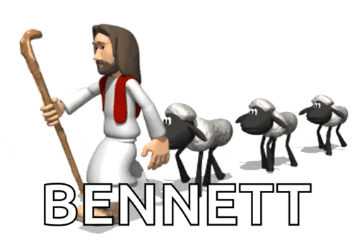 a cartoon of jesus leading three sheep with the name bennett below him