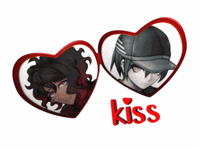 a couple of hearts with the word kiss in red