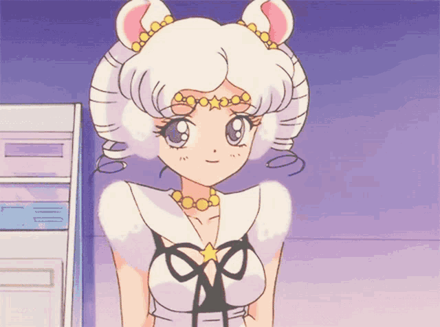 a cartoon girl with white hair and a star on her head