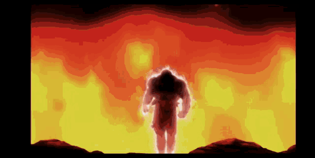 a silhouette of a man standing in front of a fire .