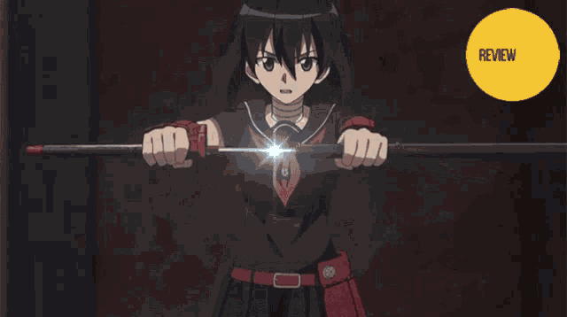 a picture of a girl holding a sword and a review button