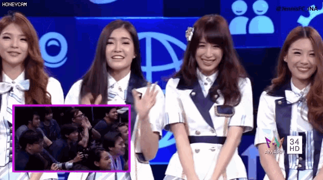 a group of girls are standing in front of a screen with the number 34 on it