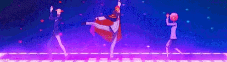 a group of people are dancing on a stage with a purple background .