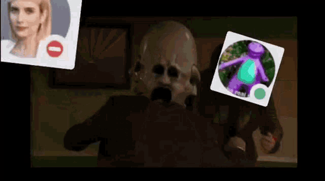 a man is holding a picture of a woman and a picture of a purple cartoon character .