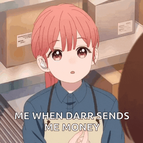 a girl with pink hair says me when darr send me money