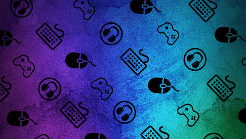 a blue and purple background with a pattern of keyboards and controllers