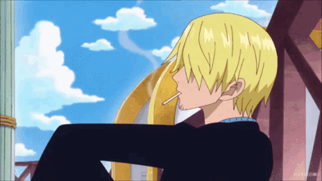a man with blonde hair is smoking a cigarette with a blue sky in the background