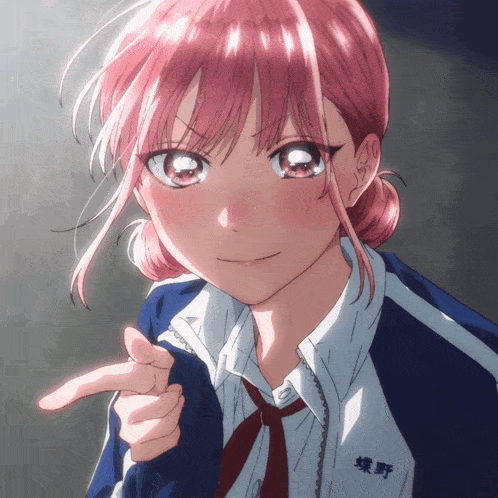 a girl with pink hair has a name tag that says ' 蝶野 ' on it