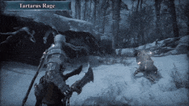 a video game called tartarus rage is being played in a snowy forest