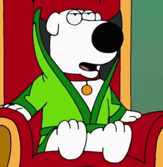 a cartoon dog is wearing a green robe and sitting in a chair
