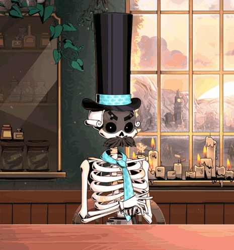 a cartoon of a skeleton wearing a top hat and a tie