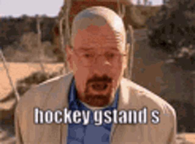 a man with a beard and glasses is standing in the desert and talking about hockey .