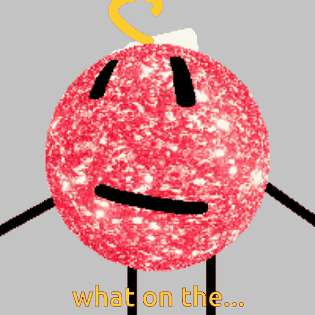a red ball with black legs and the words what on the bottom